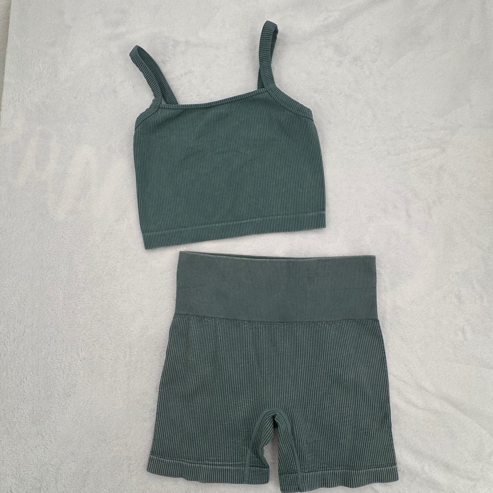 Colsie Ribbed Seamless Lounge Set Green Crop Tank High Waist Shorts Size Large